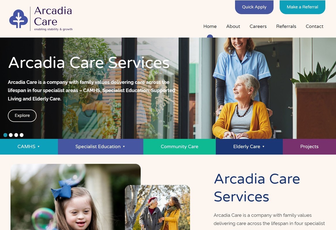 A responsive web design for a care service shown on a desktop computer.