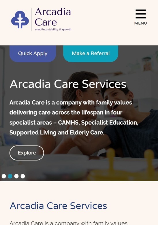 A responsive web design for a care service shown on a mobile screen size.